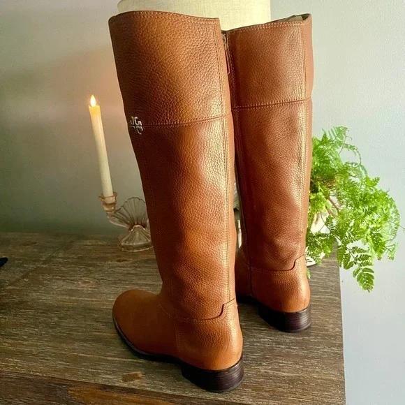 Tory Burch ‘Jolie’ Tall Luxury Riding Boots Pebbled Leather Womens 8.5 Tan Brown